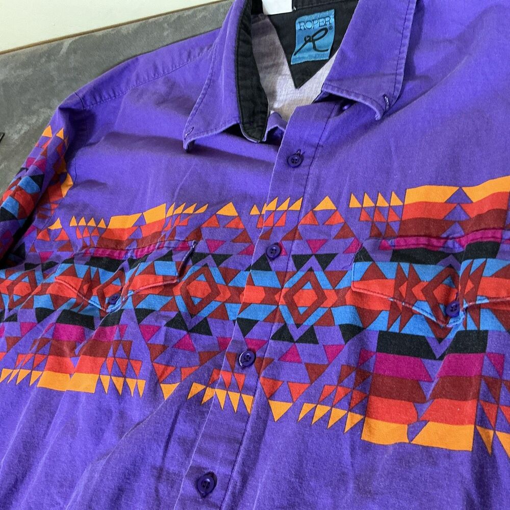 Roper Mens Western Button Up Shirt LS Purple Geometric Woven Cotton Pockets